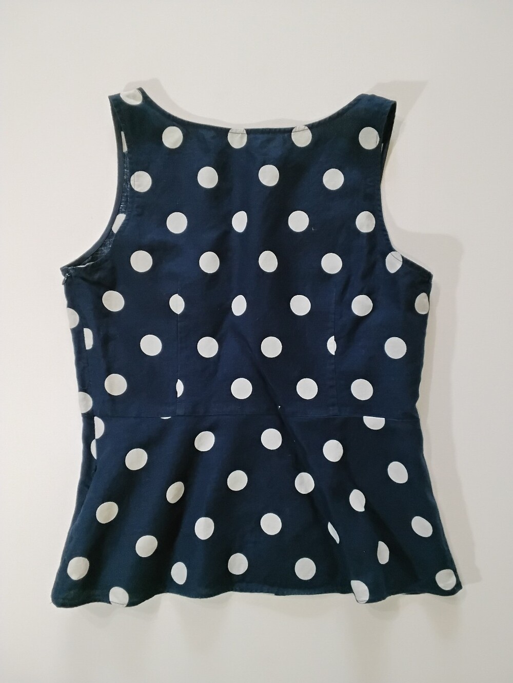 J. Crew Linen Polka Dot Peplum Top Womens Size 6 Navy Blue White Retro Style - Picture 7 of 8